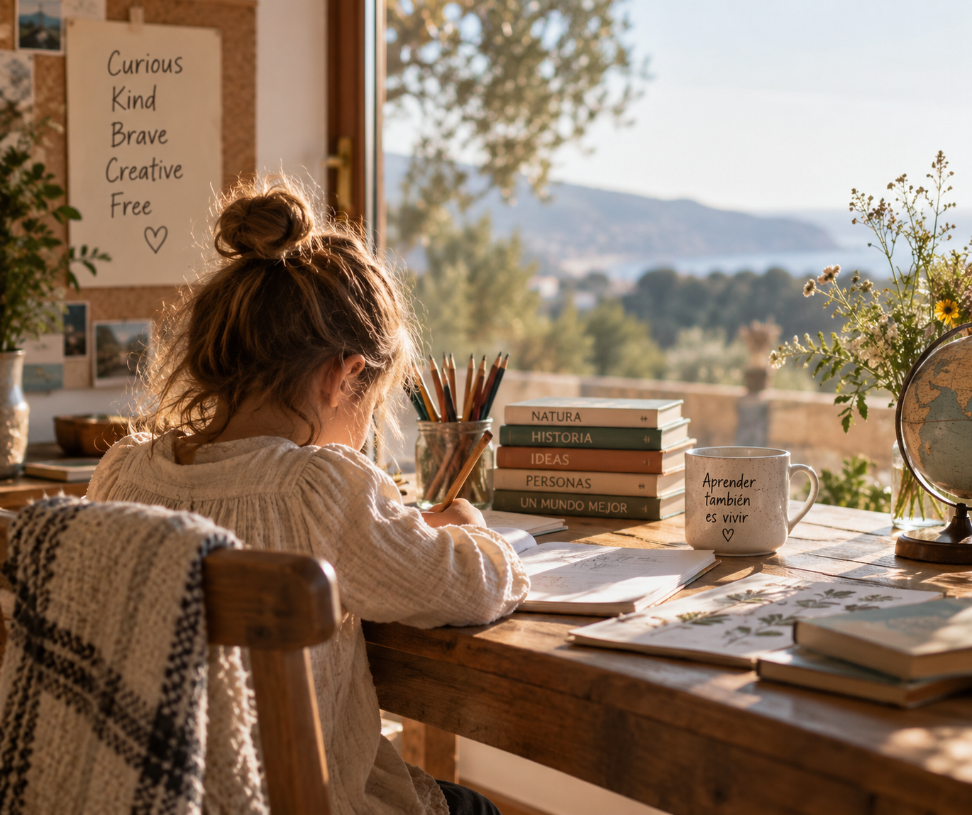 Niña aprendiendo en casa junto a una ventana, rodeada de libros y materiales educativos.